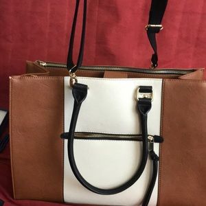Merona tote purse computer bag, tan, cream, black